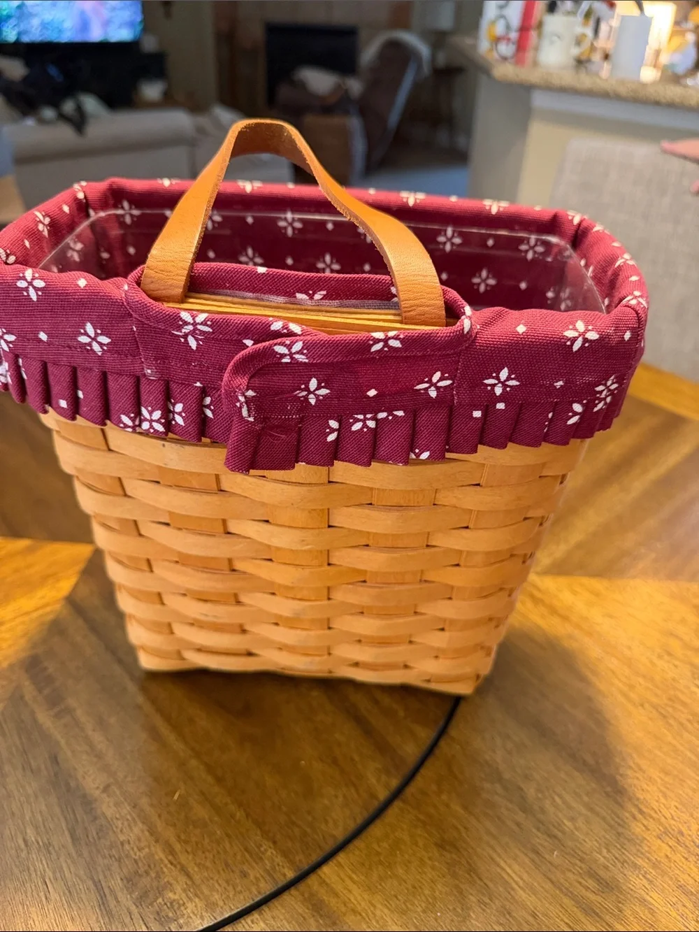 Longaberger Woven Basket with Burgundy Band and Tan Handle